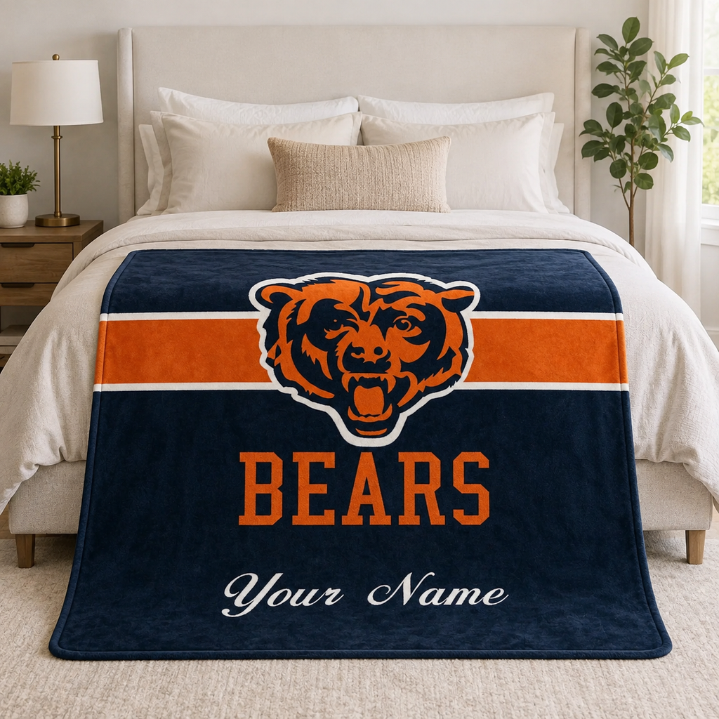 Personalized Chicago Football Bear Blanket, Custom Name Plush Throw Blanket, Orange Navy Sports Fan Gift