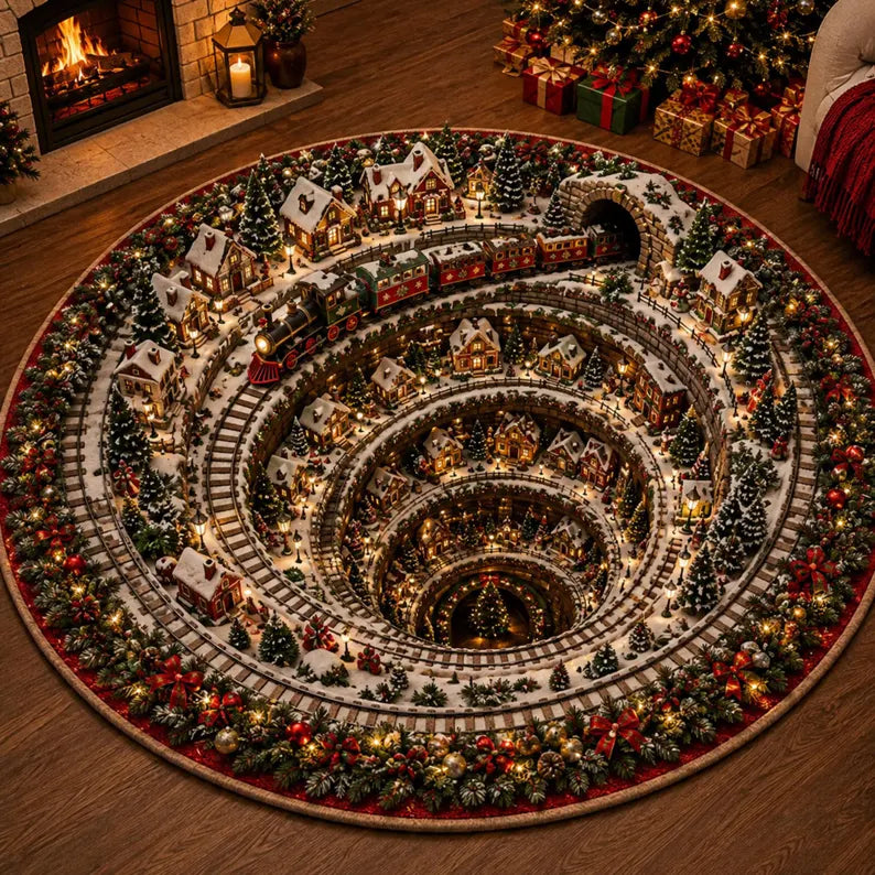 3D Christmas Round Rug Optical Illusion Floor Mat Winter Village Gingerbread Vortex Carpet North Pole Holiday Home Decor Xmas Tree Rug