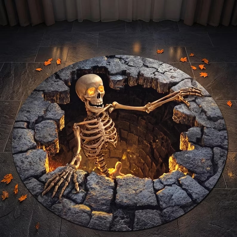3D Illusion Stone Well Skeleton Round Rug, Halloween Horror Skeleton Carpet, Non Slip Floor Mat, Living Room Bedroom Decor, Spooky Gift