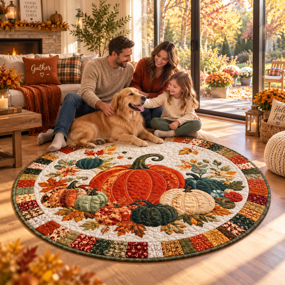 Pumpkin Fall Round Rug, Autumn Quilted Floor Decor, Harvest Area Rug, Thanksgiving Home Decor, Country Pumpkin Rug, Cozy Seasonal Accent