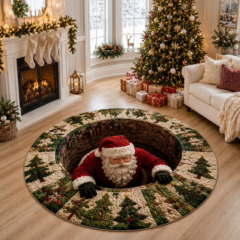 Santa Claus 3D Illusion Round Rug, Spiral Staircase Christmas Vortex Floor Mat, Non Slip Xmas Area Rug, Holiday Home Decor Gift