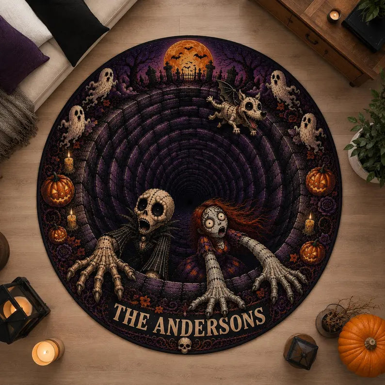 Personalized Halloween 3D Illusion Skeleton Rug, Custom Name Velvet Floormat