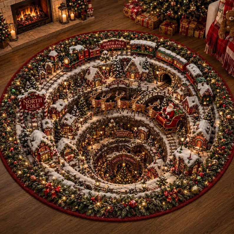 3D Christmas Round Rug Optical Illusion Floor Mat Winter Village Gingerbread Vortex Carpet North Pole Holiday Home Decor Xmas Tree Rug