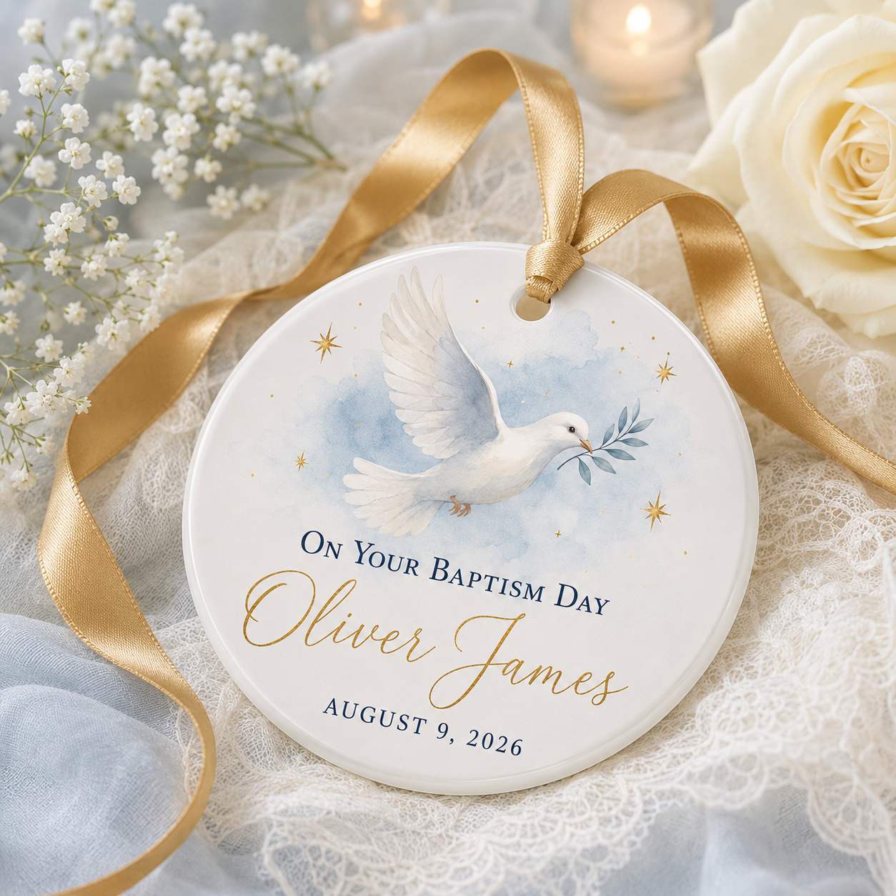 Personalized Baptism Dove Ceramic Ornament – Custom Name & Date Christian Keepsake