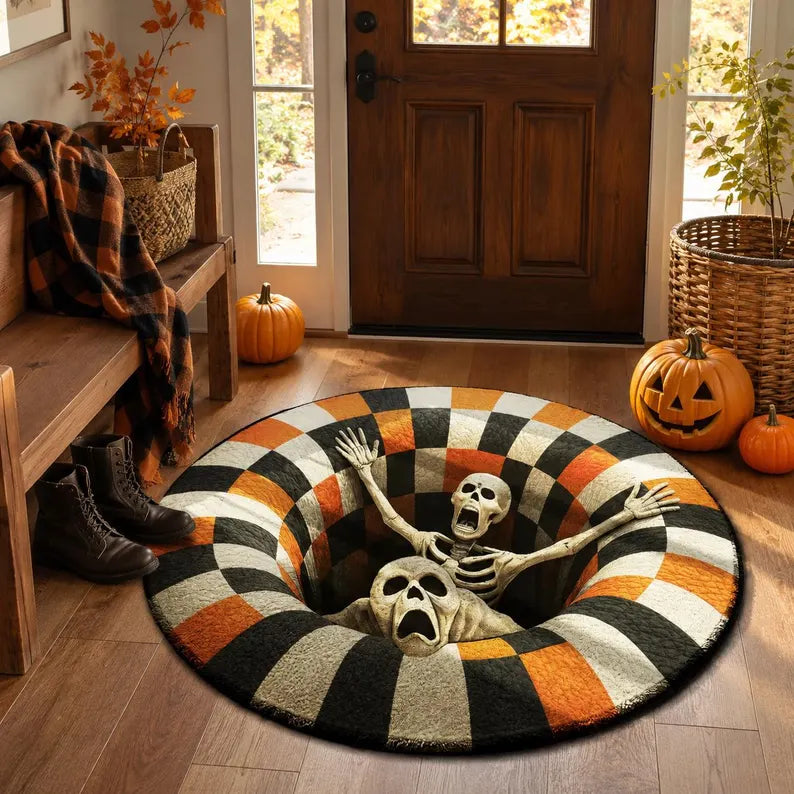 3D Skeleton Halloween Rug, Round Spooky Area Rug, Optical Illusion Floor Mat, Creepy Halloween Decor, Horror Rug