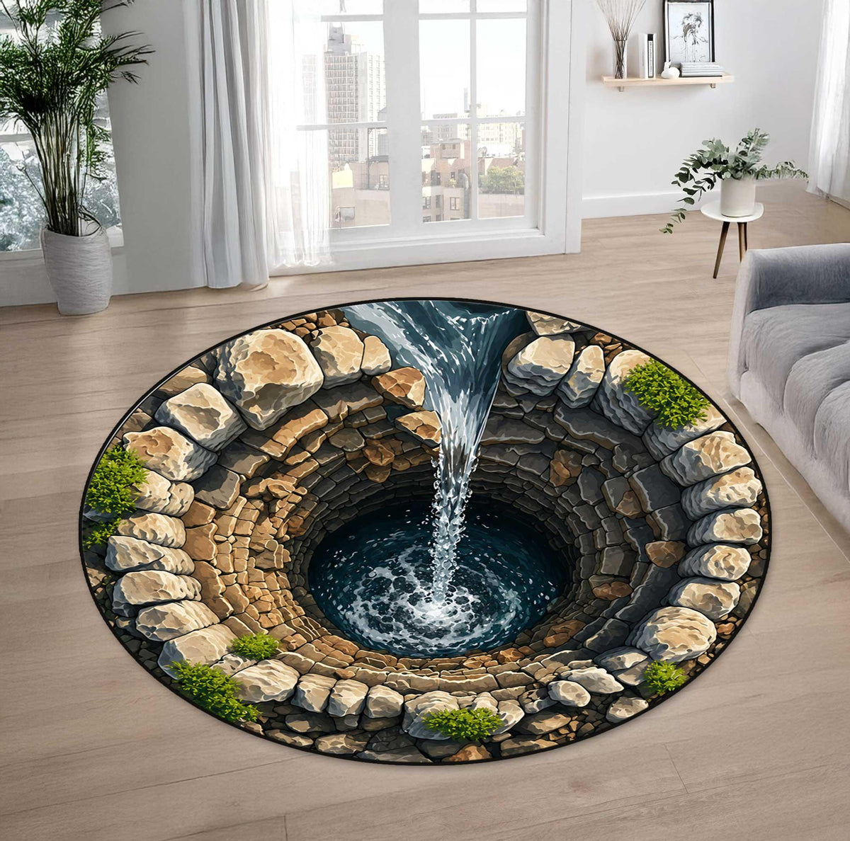 3D Stone Pit Hole Round Rug Optical Illusion Carpet Pool Hole Floor Mat Funny Novelty Rug Indoor Doorway Living Room Decor,printed rug