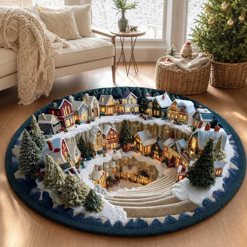 Snow Town Spiral Staircase 3D Round Rug, Christmas Snowy Village Vortex Optical Illusion Floor Mat, Non Slip Xmas Decor, Christmas Gift