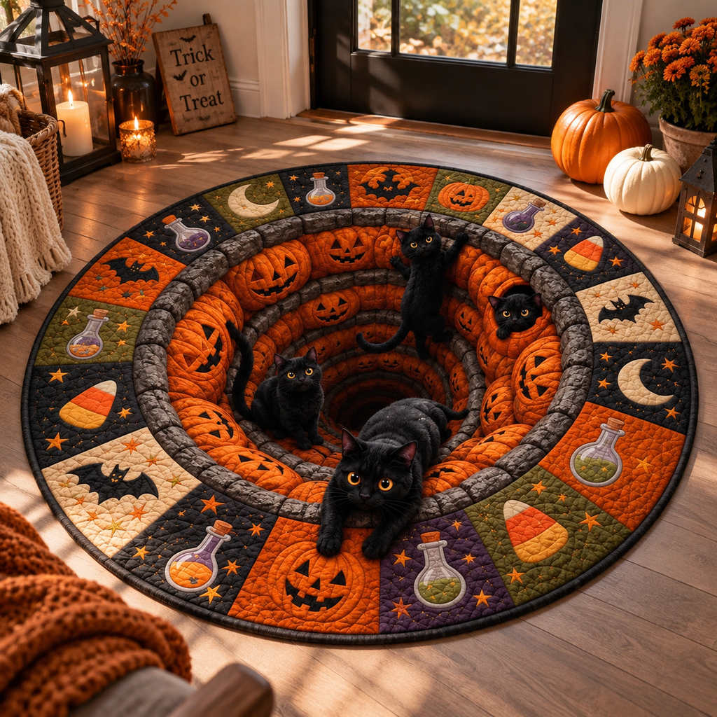 3D Halloween Black Cat Round Rug, Spooky Optical Illusion Carpet, Pumpkin Vortex Quilted Floor Mat, Witchy Fall Decor, Cat Lover Gift