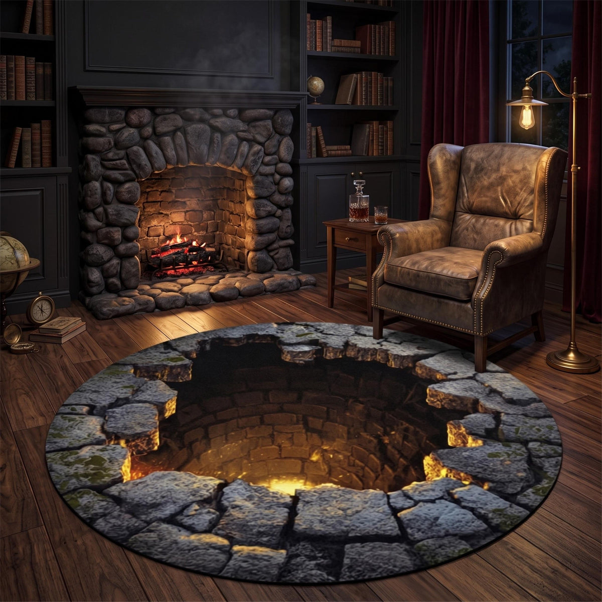 3D Stone Well Illusion Rug, Halloween Round Rug, Optical Illusion Carpet, Spooky Bottomless Pit Floor Mat, Gothic Home Decor Gift