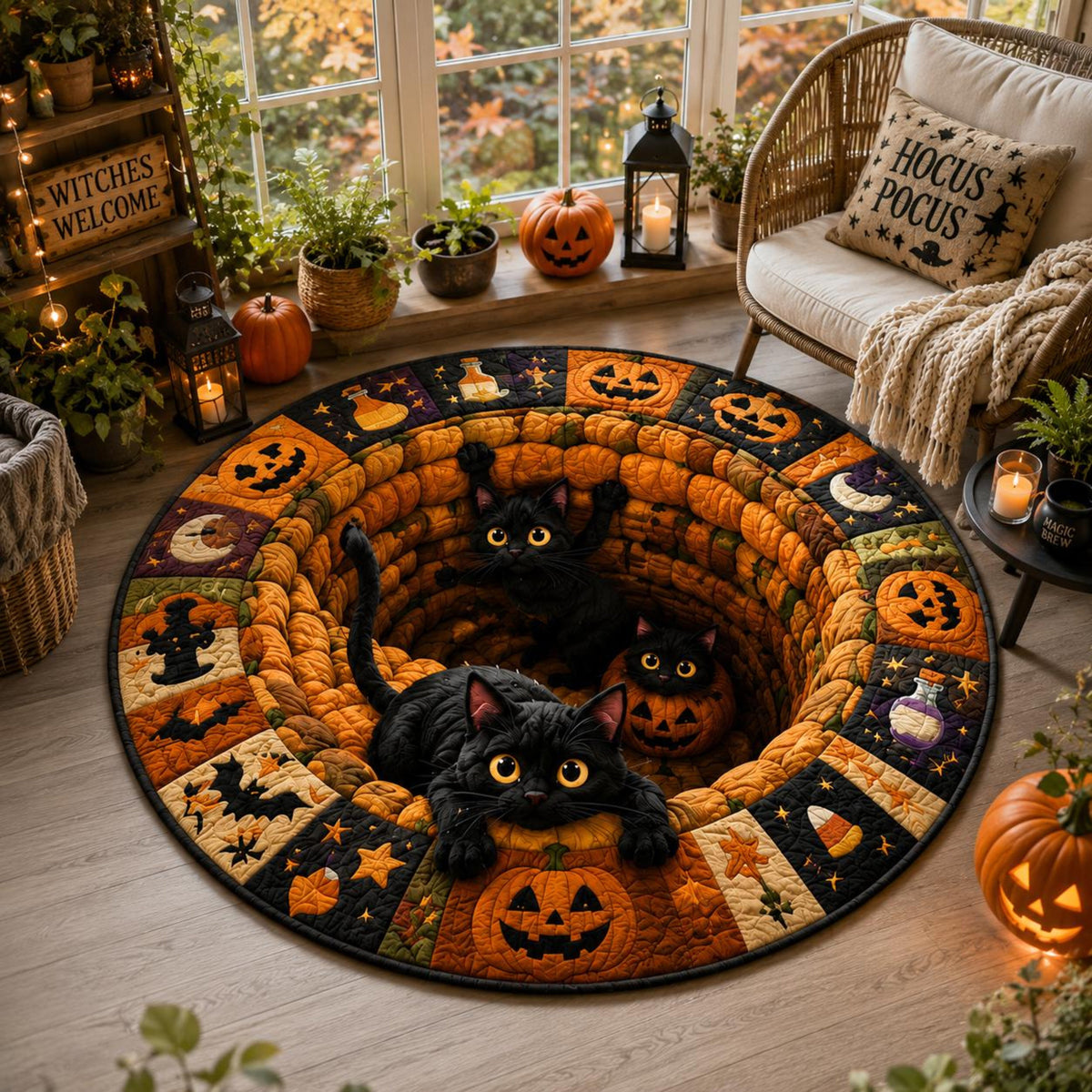 Black Cat Halloween Round Rug, 3D Illusion Quilted Pumpkin Cat Hole Floor Mat, Funny Spooky Black Cats Halloween Home Decor