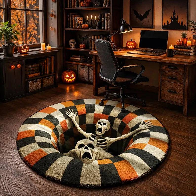 3D Skeleton Halloween Rug, Round Spooky Area Rug, Optical Illusion Floor Mat, Creepy Halloween Decor, Horror Rug