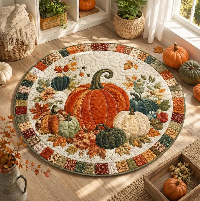 Pumpkin Fall Round Rug, Autumn Quilted Floor Decor, Harvest Area Rug, Thanksgiving Home Decor, Country Pumpkin Rug, Cozy Seasonal Accent