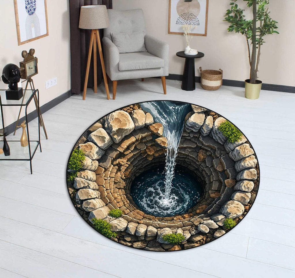 3D Stone Pit Hole Round Rug Optical Illusion Carpet Pool Hole Floor Mat Funny Novelty Rug Indoor Doorway Living Room Decor,printed rug