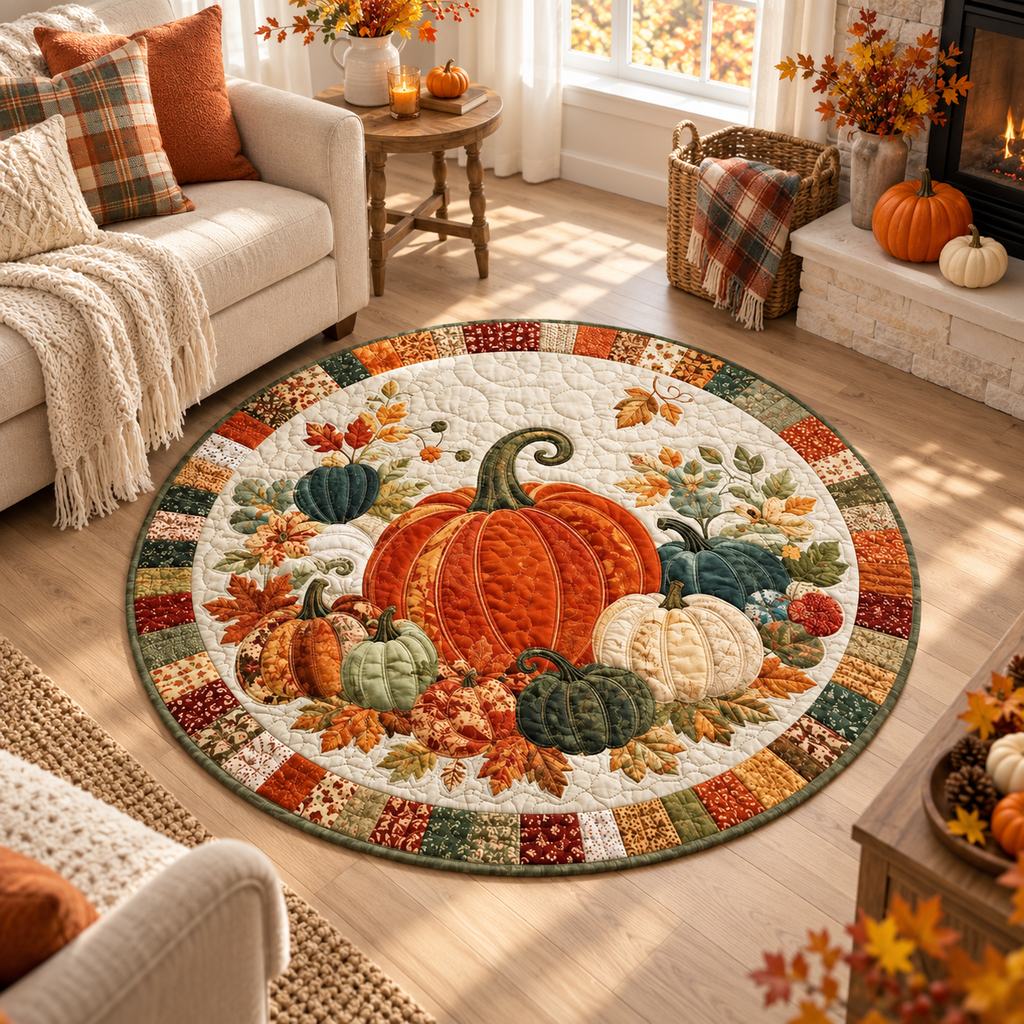 Pumpkin Fall Round Rug, Autumn Quilted Floor Decor, Harvest Area Rug, Thanksgiving Home Decor, Country Pumpkin Rug, Cozy Seasonal Accent