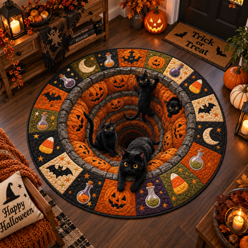 3D Halloween Black Cat Round Rug, Spooky Optical Illusion Carpet, Pumpkin Vortex Quilted Floor Mat, Witchy Fall Decor, Cat Lover Gift