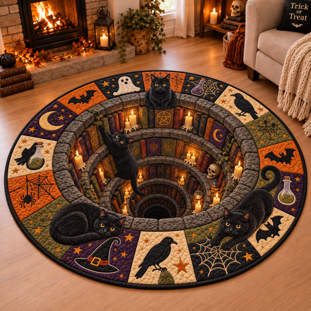 Chaotic Club Spooky Black Cat Magic Well 3D Optical Illusion Round Rug