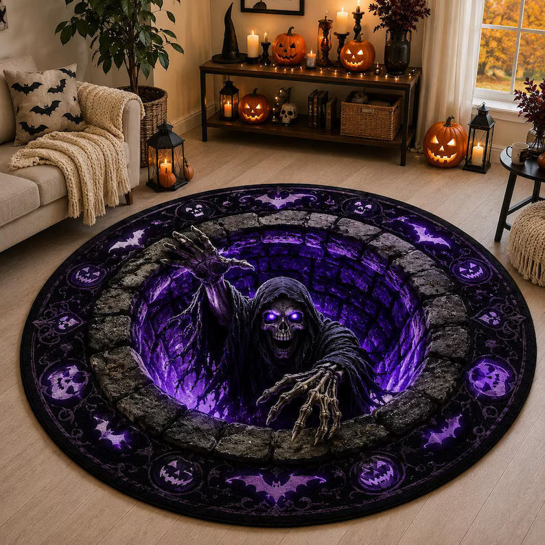 3D Halloween Skeleton Round Rugs, Gothic Skull, Spooky Haunted Well Decor, Horror Floor Mat