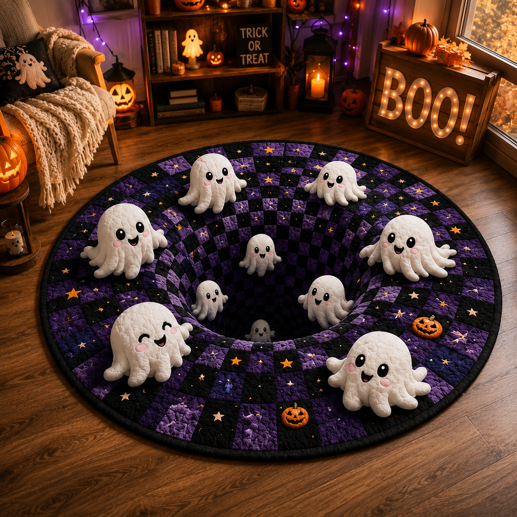Who Let the Boos Out? 3D Ghost Vortex Rug – Cute Halloween Quilted Carpet, Spooky Purple Pumpkin Home Decor
