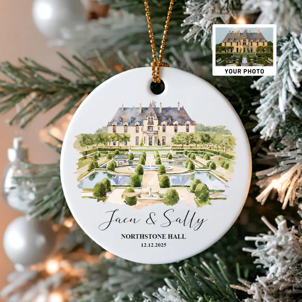 Personalized Wedding Venue Watercolor Ornament, Wedding Location Ornament, Newly Wed Keepsake, Just Married Gift