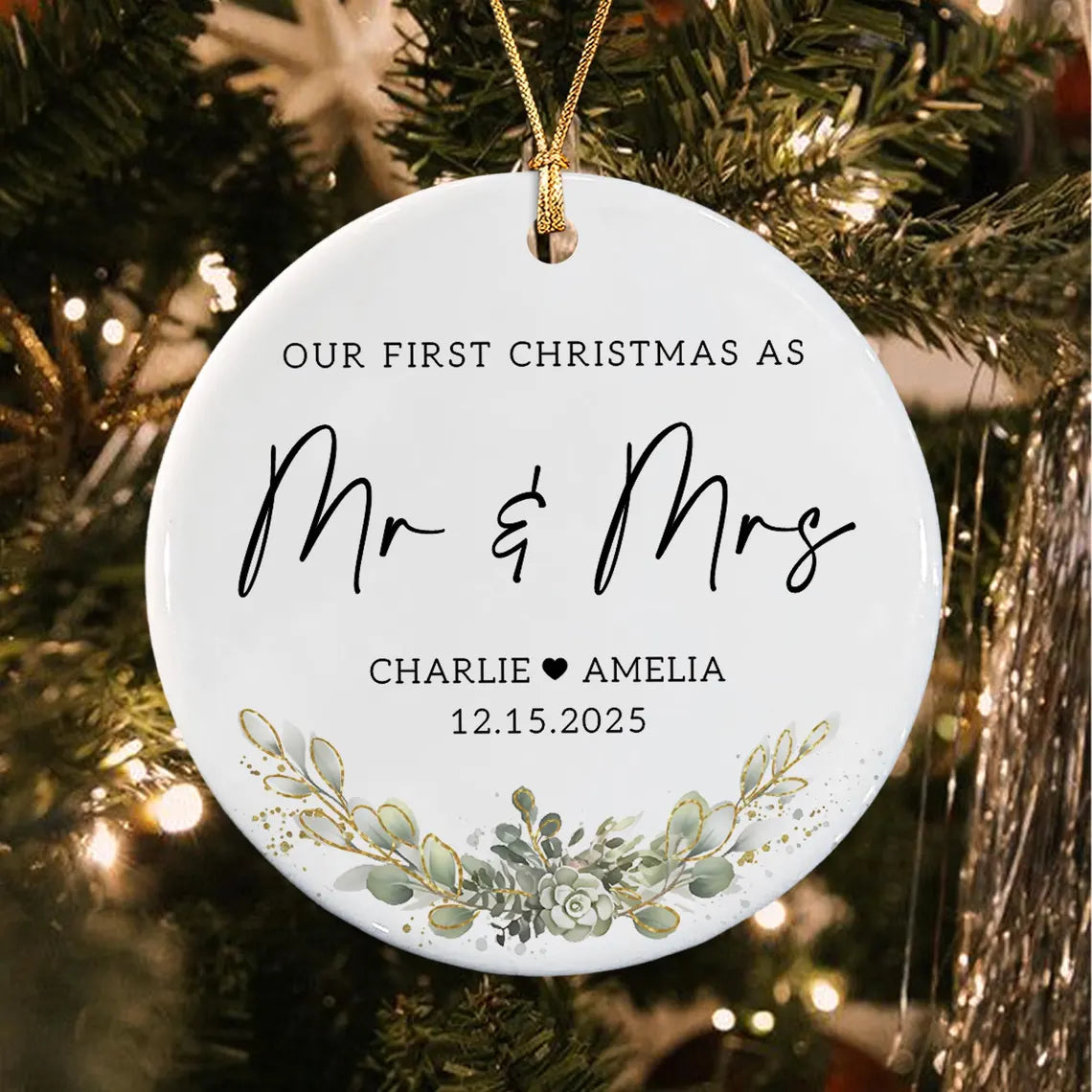Personalized First Christmas Married Ceramic 2 Sides Ornament, Mr & Mrs Photo Keepsake