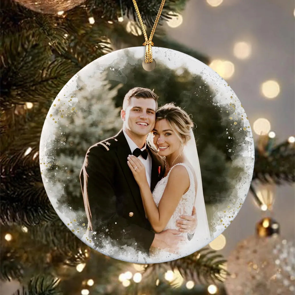 Personalized First Christmas Married Ceramic 2 Sides Ornament, Mr & Mrs Photo Keepsake