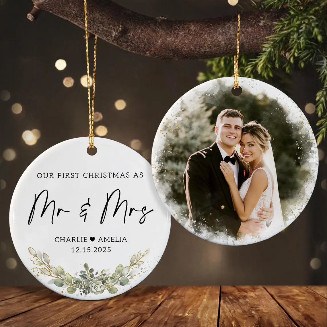 Personalized First Christmas Married Ceramic 2 Sides Ornament, Mr & Mrs Photo Keepsake