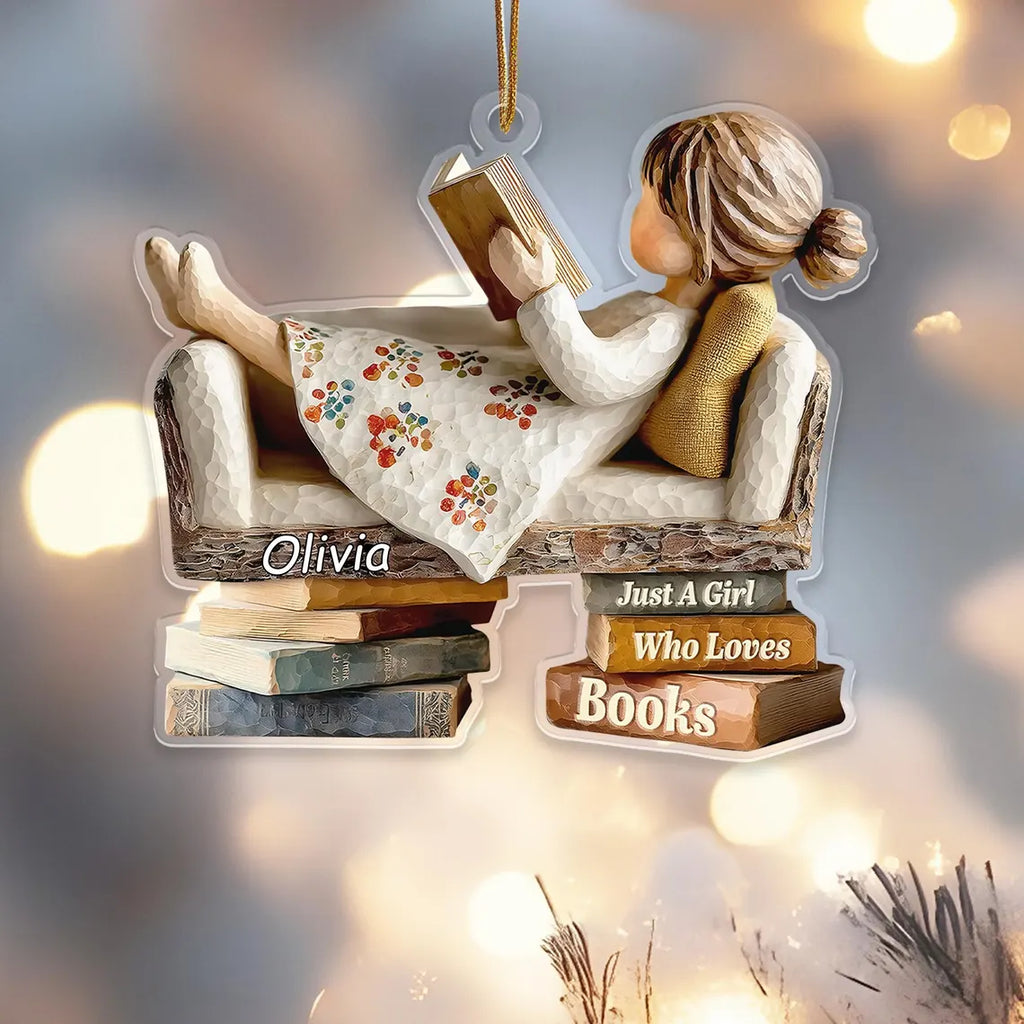 2D Flat Personalized Book Lover Christmas Ornament, Custom Name Acrylic Holiday Decor For Readers, "Just a Girl Who Loves Books", Gift For Women