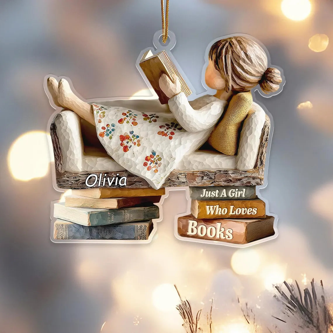 2D Flat Personalized Book Lover Christmas Ornament, Custom Name Acrylic Holiday Decor For Readers, "Just a Girl Who Loves Books", Gift For Women
