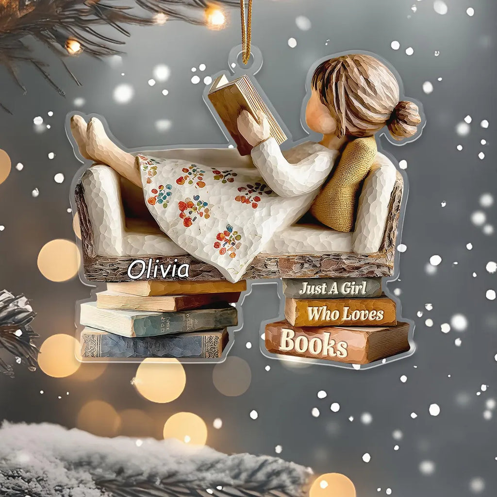 2D Flat Personalized Book Lover Christmas Ornament, Custom Name Acrylic Holiday Decor For Readers, "Just a Girl Who Loves Books", Gift For Women