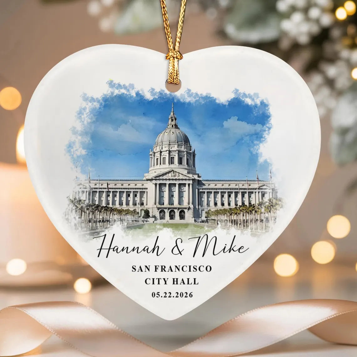 Personalized Wedding Venue Watercolor Ornament, Wedding Location Ornament, Newly Wed Keepsake, Just Married Gift