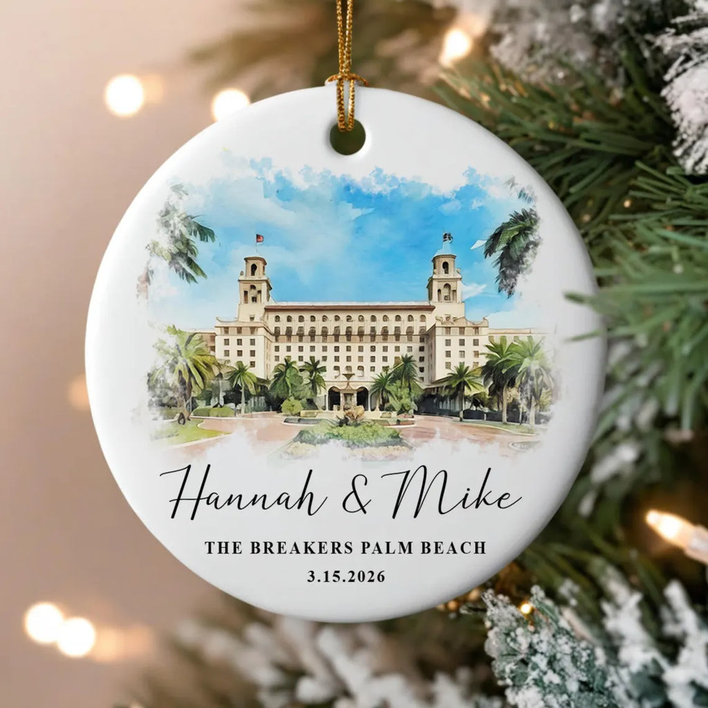 Personalized Wedding Venue Watercolor Ornament, Wedding Location Ornament, Newly Wed Keepsake, Just Married Gift