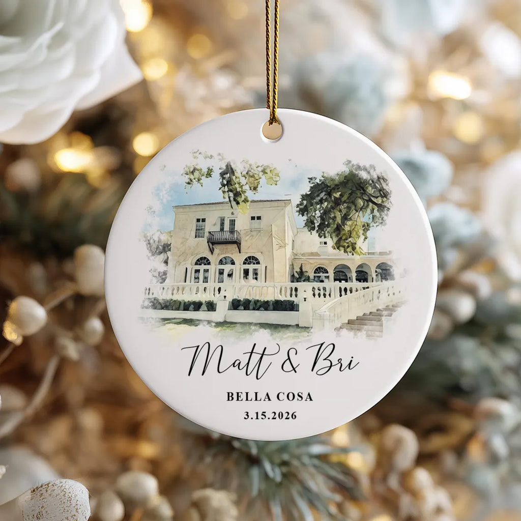 Personalized Wedding Venue Watercolor Ornament, Wedding Location Ornament, Newly Wed Keepsake, Just Married Gift