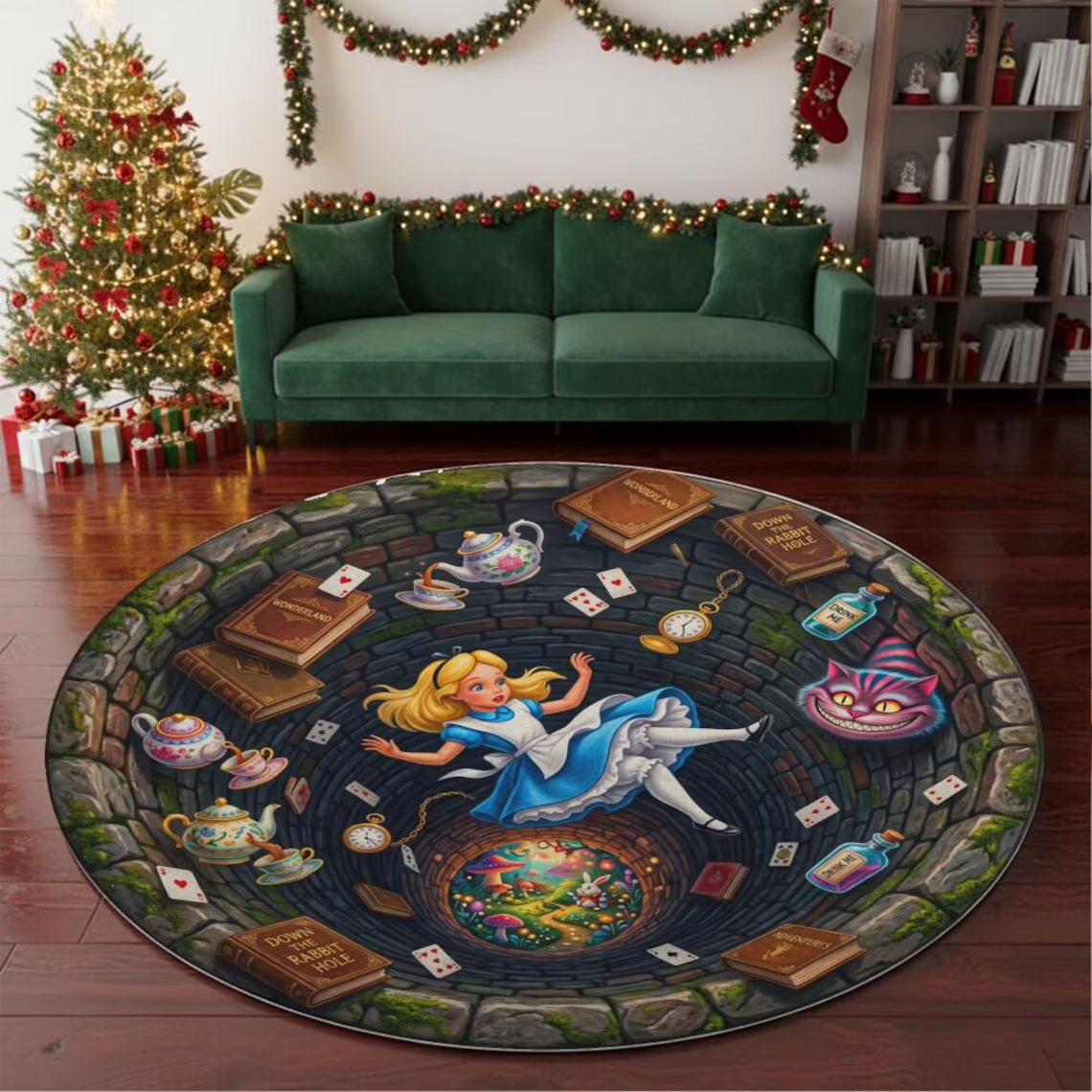 Magical Alice Falling 3D Hole Round Rug Wonderland Rabbit Hole Illusion Floor Fan Gift Kids Bedroom Decor Playroom Carpet Art