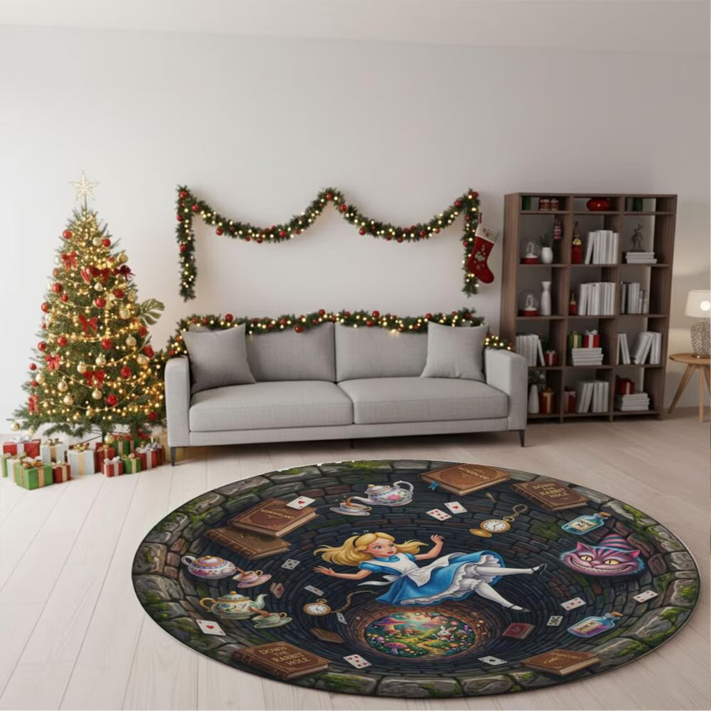 Magical Alice Falling 3D Hole Round Rug Wonderland Rabbit Hole Illusion Floor Fan Gift Kids Bedroom Decor Playroom Carpet Art