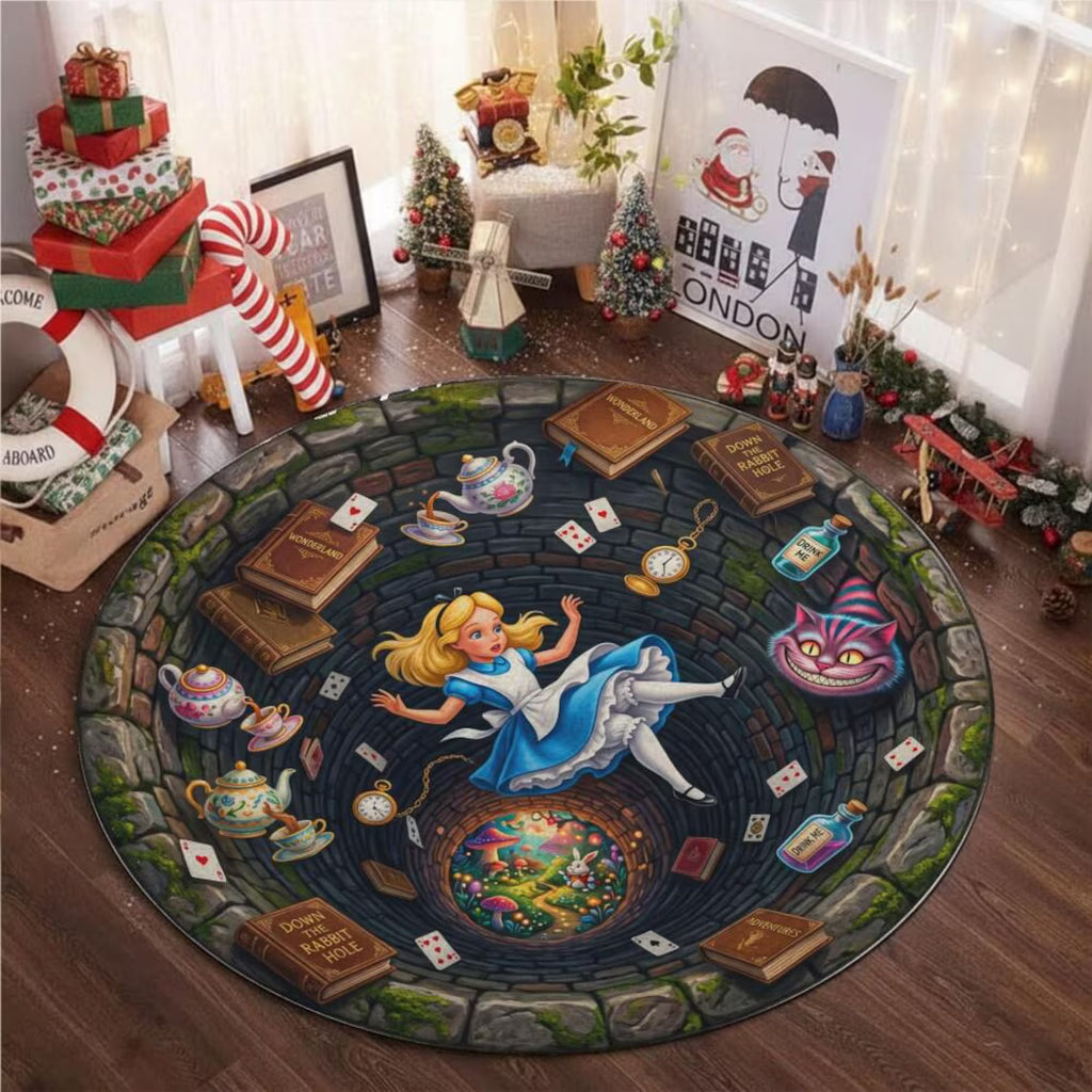 Magical Alice Falling 3D Hole Round Rug Wonderland Rabbit Hole Illusion Floor Fan Gift Kids Bedroom Decor Playroom Carpet Art