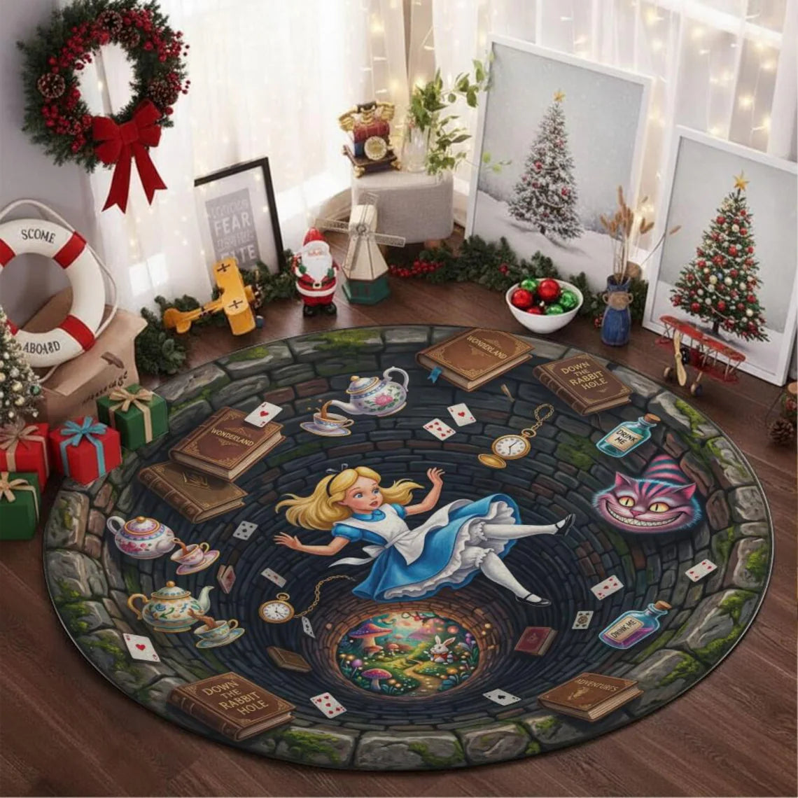 Magical Alice Falling 3D Hole Round Rug Wonderland Rabbit Hole Illusion Floor Fan Gift Kids Bedroom Decor Playroom Carpet Art