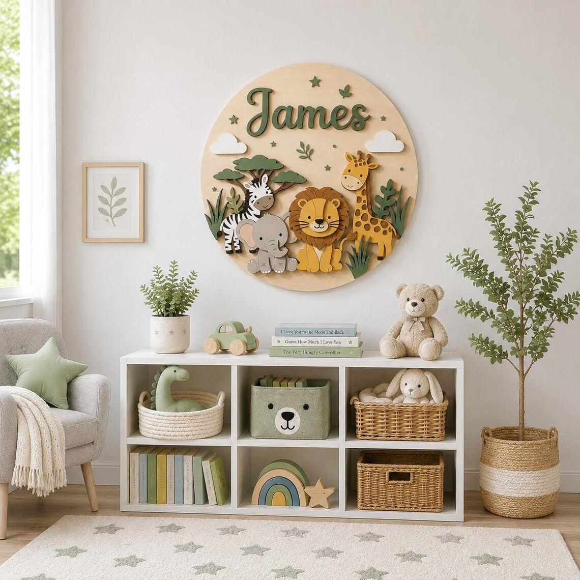 Personalized Safari Animals Wood Name Sign for Nursery, Custom Baby Room 2 Layer Decor, Pastel Wall Art, Round Wooden Lion Elephant Kid Sign