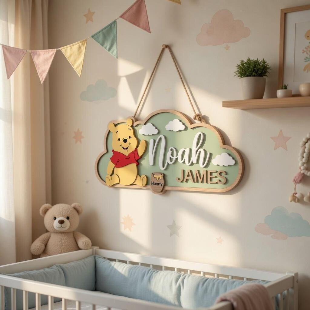 Personalized Winnie the Pooh Nursery Name Sign, 3D Wood Bear Wall Art, Custom Baby Room Decor, Pooh Nursery Gift, Wooden Name Plaque