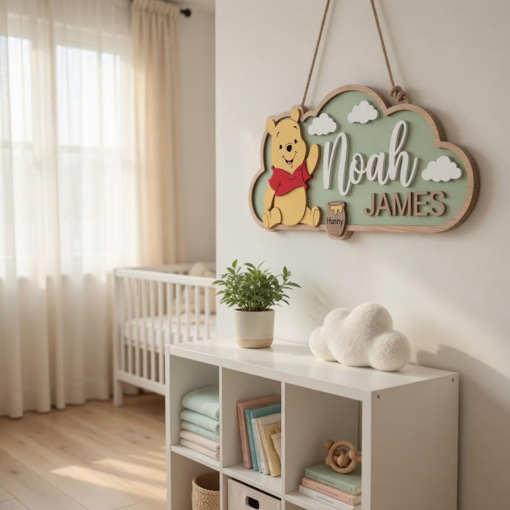Personalized Winnie the Pooh Nursery Name Sign, 3D Wood Bear Wall Art, Custom Baby Room Decor, Pooh Nursery Gift, Wooden Name Plaque