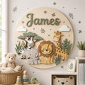 Personalized Safari Animals Wood Name Sign for Nursery, Custom Baby Room 2 Layer Decor, Pastel Wall Art, Round Wooden Lion Elephant Kid Sign