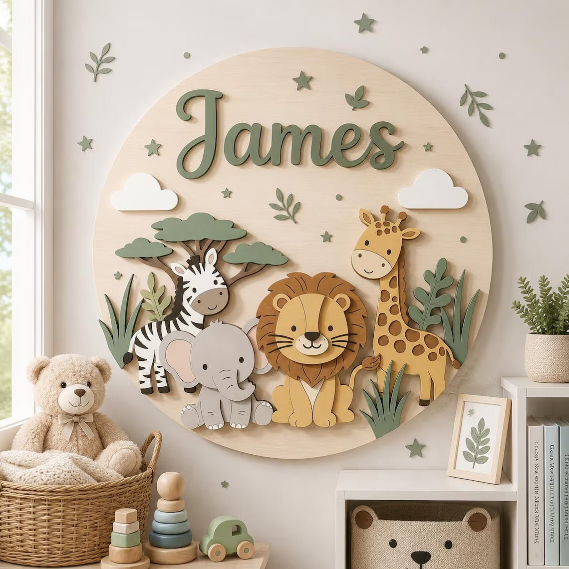 Personalized Safari Animals Wood Name Sign for Nursery, Custom Baby Room 2 Layer Decor, Pastel Wall Art, Round Wooden Lion Elephant Kid Sign