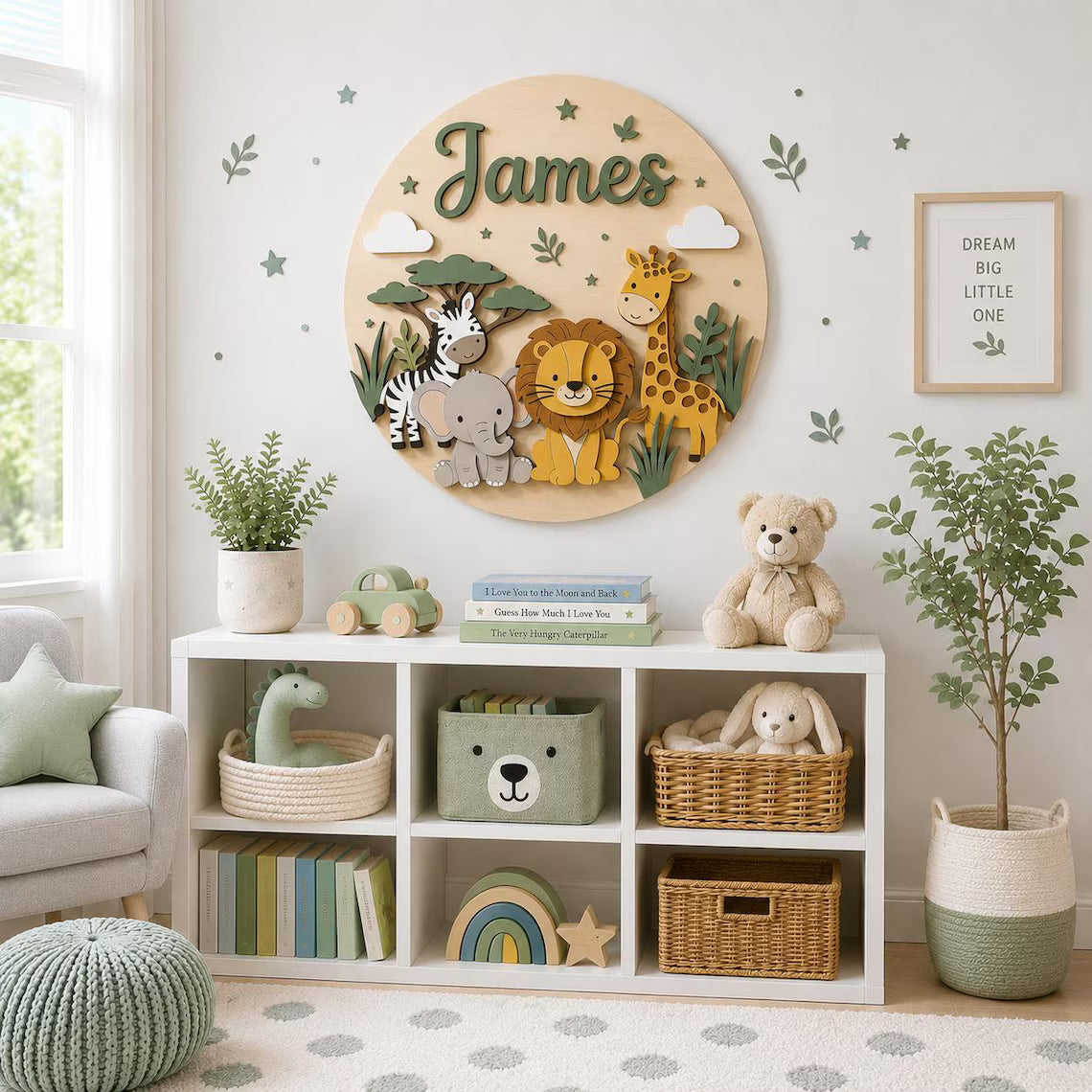 Personalized Safari Animals Wood Name Sign for Nursery, Custom Baby Room 2 Layer Decor, Pastel Wall Art, Round Wooden Lion Elephant Kid Sign