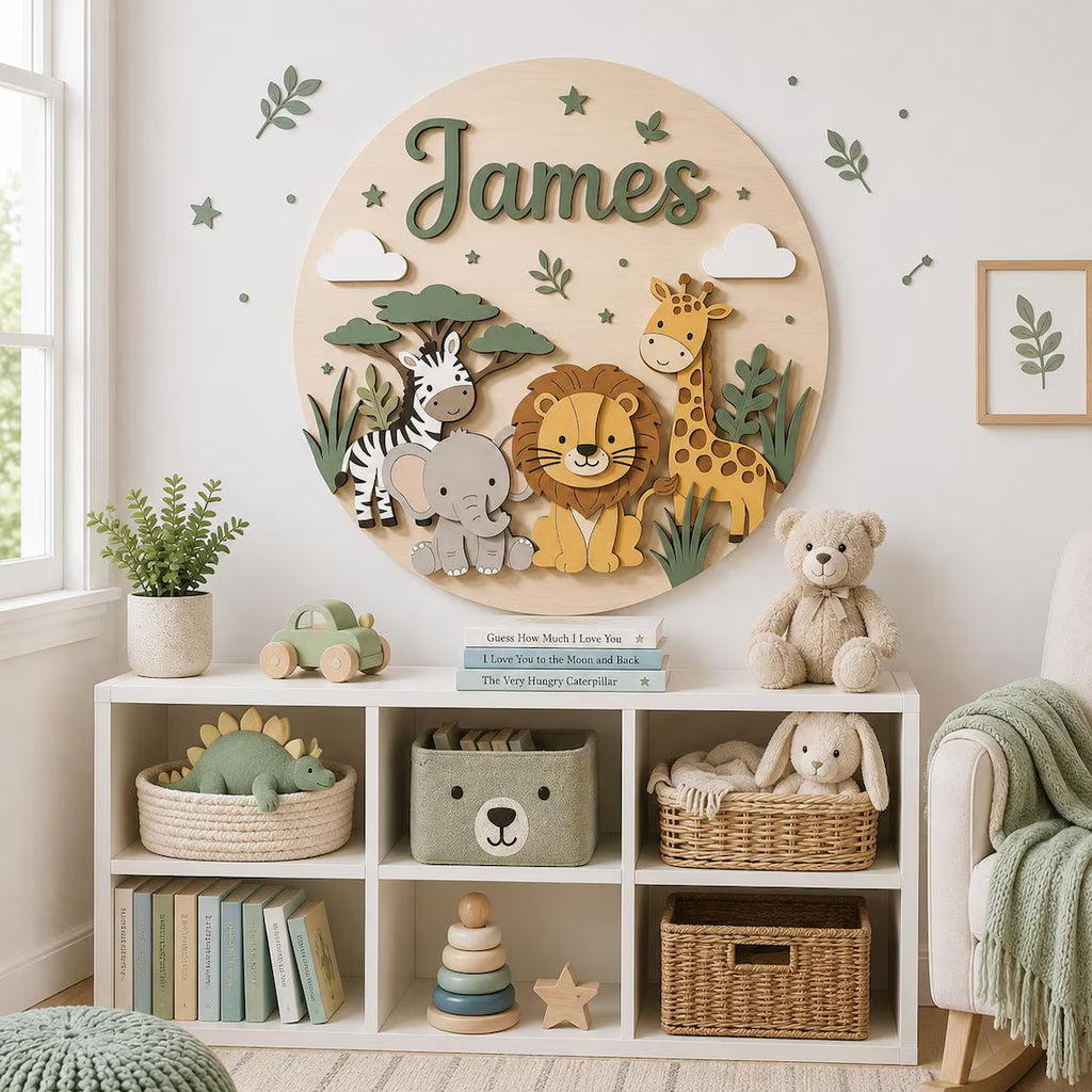 Personalized Safari Animals Wood Name Sign for Nursery, Custom Baby Room 2 Layer Decor, Pastel Wall Art, Round Wooden Lion Elephant Kid Sign
