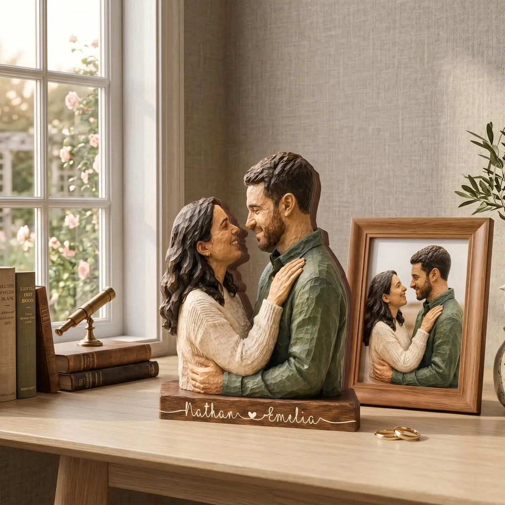 Personalized Couple Wooden Sculpture, Custom Hugging Couple Figurine, Romantic Anniversary Gift for Wife Husband, Personalized Wooden Block