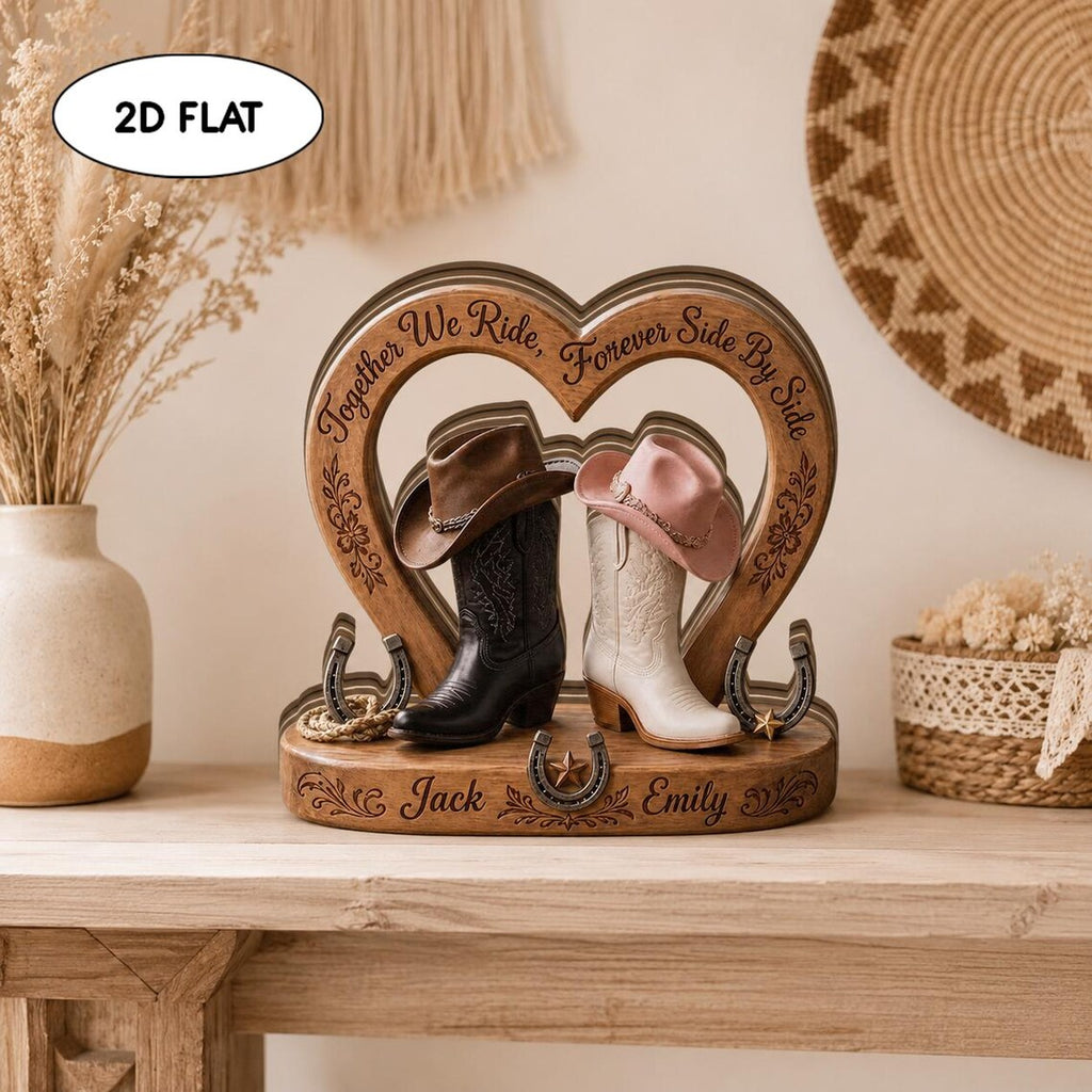Custom Western Couple 2d Flat Wooden Block, Personalized Cowboy Boots Heart Decor, Anniversary Gift for Husband Wife, Rustic Wedding Gift