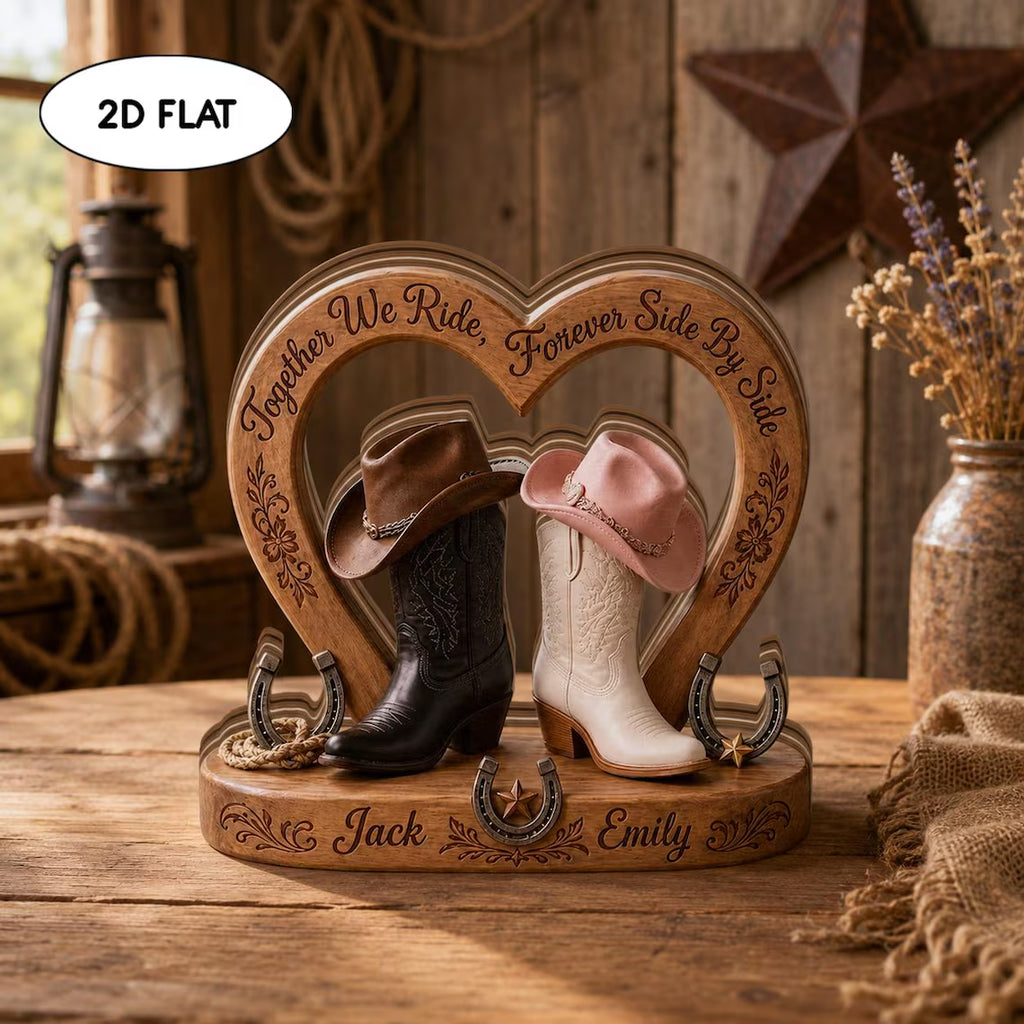 Custom Western Couple 2d Flat Wooden Block, Personalized Cowboy Boots Heart Decor, Anniversary Gift for Husband Wife, Rustic Wedding Gift