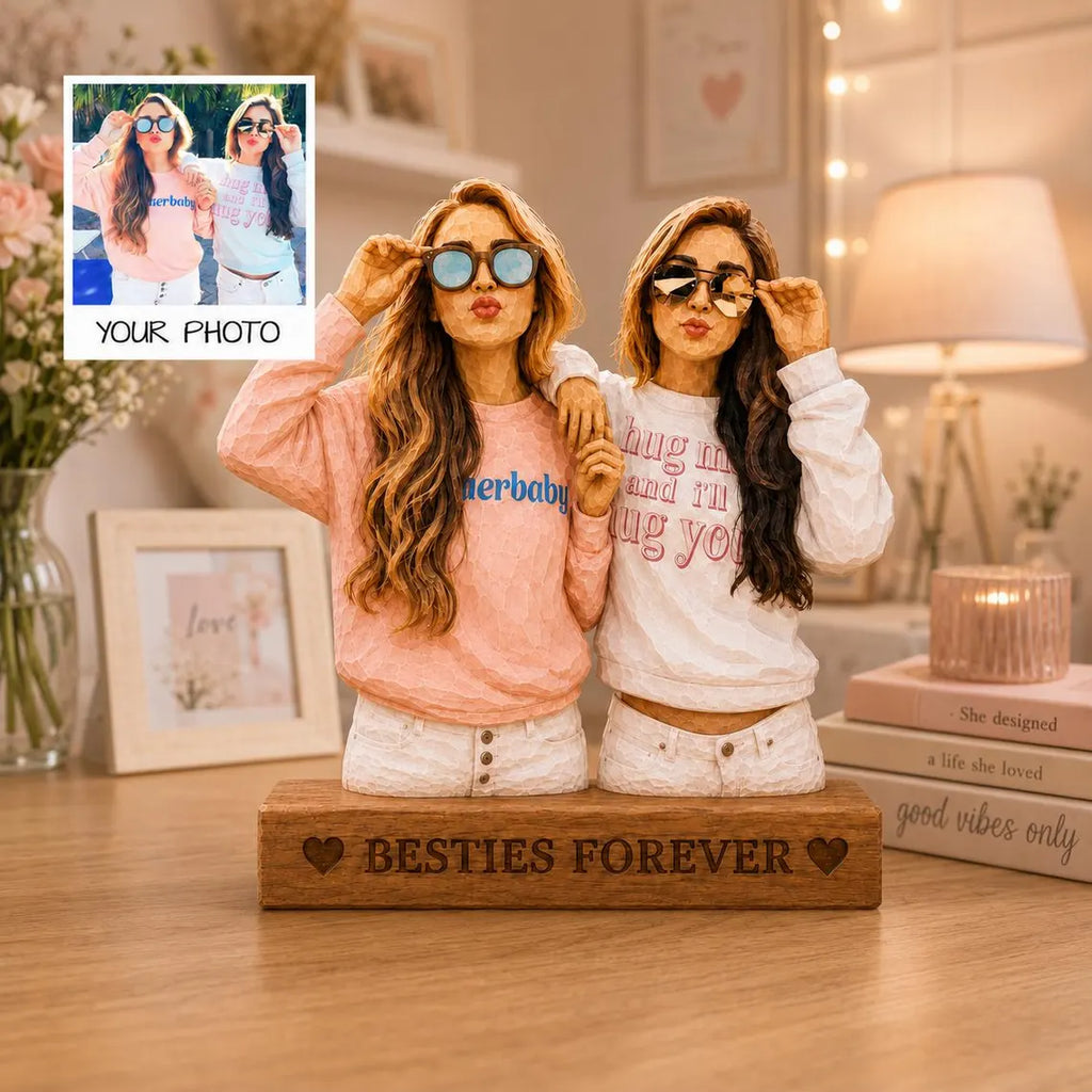 Personalized bestie Wooden Block, Custom Photo Portrait Carved Figurine for her, Home decor gift for besties, Best friend Ever Keepsake