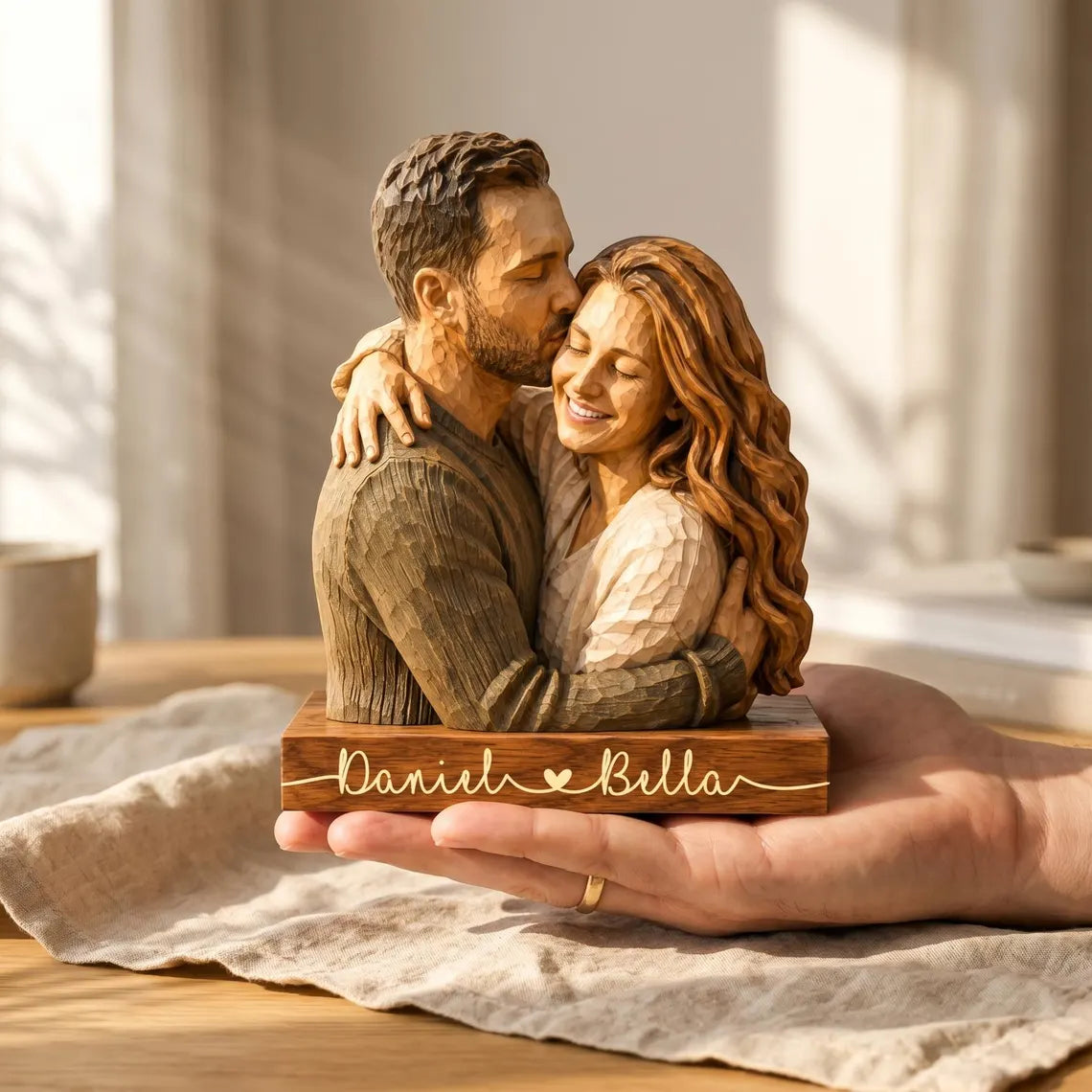 Personalized Couple Wooden Sculpture, Custom Hugging Couple Figurine, Romantic Anniversary Gift for Wife Husband, Personalized Wooden Block