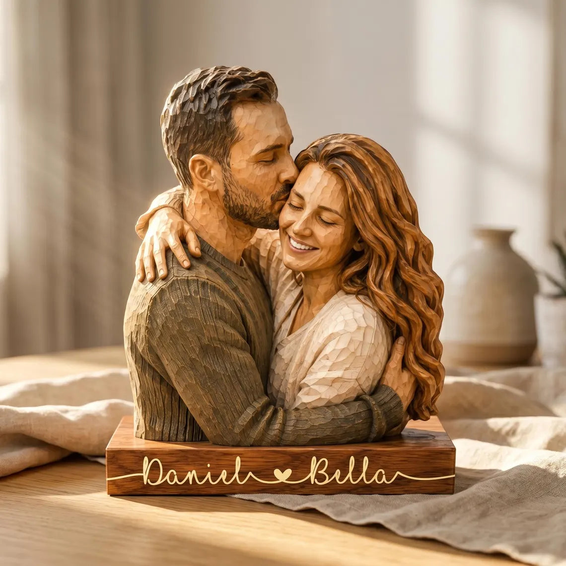 Personalized Couple Wooden Sculpture, Custom Hugging Couple Figurine, Romantic Anniversary Gift for Wife Husband, Personalized Wooden Block