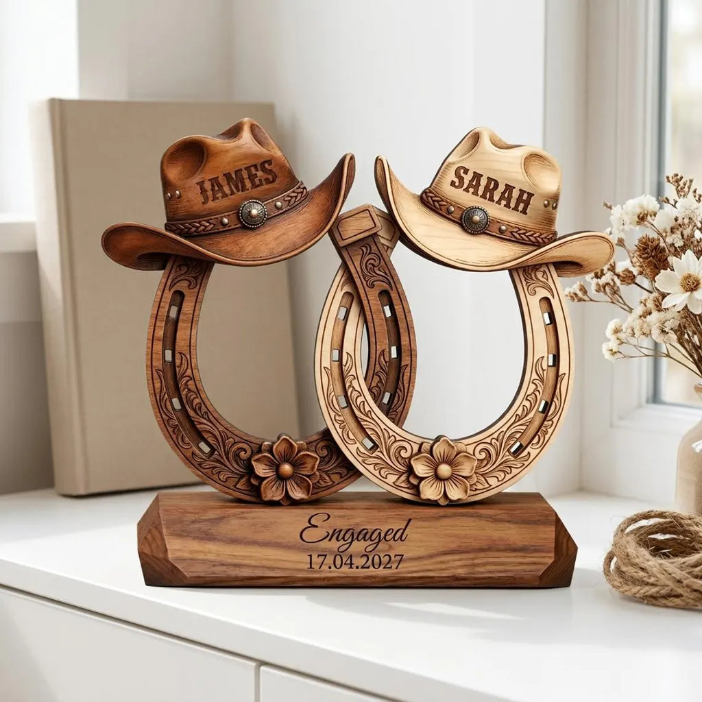 Custom Western Couple Wood Decor, Personalized Cowboy Hat Horseshoe Sign, Rustic Engagement Centerpiece, Bride And Groom Gift